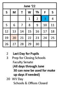 District School Academic Calendar for South Charleston Middle School for June 2022