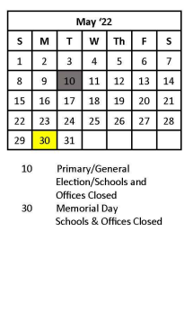 District School Academic Calendar for Kanawha County Schools Academy for May 2022