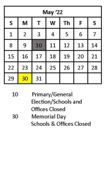 District School Academic Calendar for Dunbar Intermediate Center for May 2022