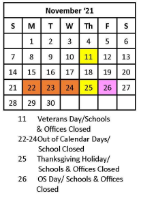 District School Academic Calendar for Chesapeake Elementary School for November 2021