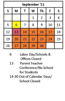 District School Academic Calendar for Anne Bailey Elementary School for September 2021