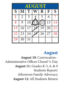 District School Academic Calendar for Wm A White Elem for August 2021
