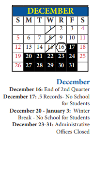 District School Academic Calendar for Stony Point North for December 2021