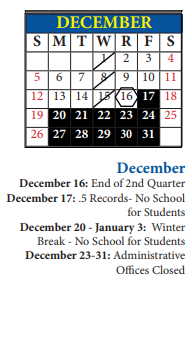 District School Academic Calendar for Wm A White Elem for December 2021
