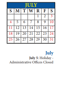 District School Academic Calendar for Central Elementary School for July 2021
