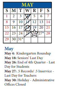 District School Academic Calendar for Wm A White Elem for May 2022