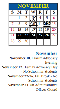 District School Academic Calendar for Wm A White Elem for November 2021