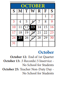 District School Academic Calendar for Fairfax Learning Center for October 2021