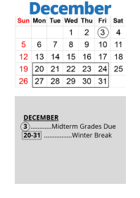 District School Academic Calendar for K C Middle School Of The Arts for December 2021