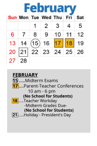 District School Academic Calendar for North Rock Creek/korte Academy for February 2022