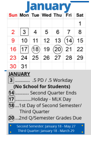 District School Academic Calendar for Manual Career & TECH. CTR. for January 2022