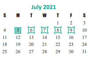 District School Academic Calendar for Katy Junior High for July 2021