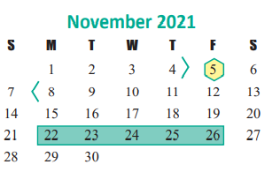 District School Academic Calendar for James E Williams Elementary for November 2021