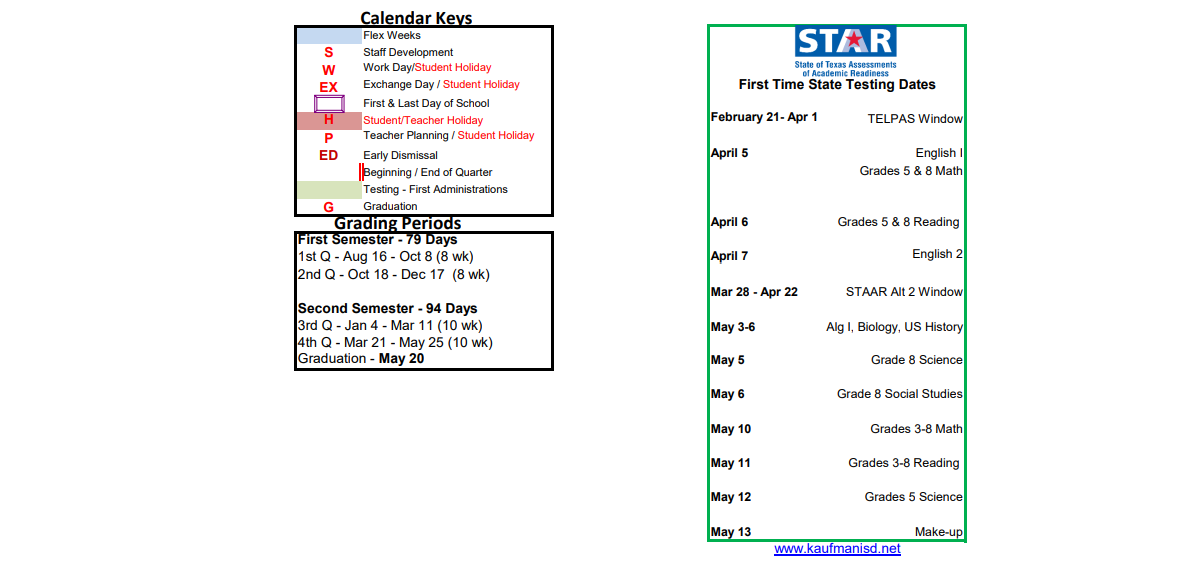 District School Academic Calendar Key for Kaufman H S