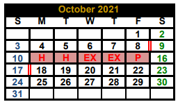District School Academic Calendar for Monday Primary for October 2021