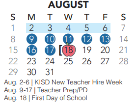 District School Academic Calendar for New Elementary for August 2021