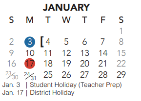 District School Academic Calendar for New Direction Lrn Ctr for January 2022