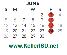 District School Academic Calendar for Keller Middle for June 2022