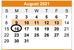 District School Academic Calendar for Kemp Primary School for August 2021