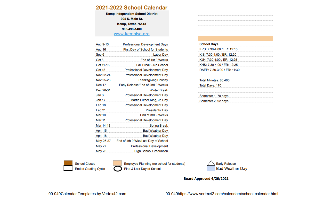 District School Academic Calendar Key for Kemp Junior High School