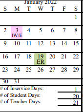 District School Academic Calendar for West Homer Elementary for January 2022