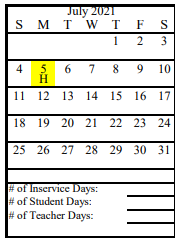 District School Academic Calendar for Razdolna School for July 2021