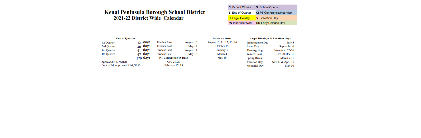 District School Academic Calendar Key for Moose Pass School