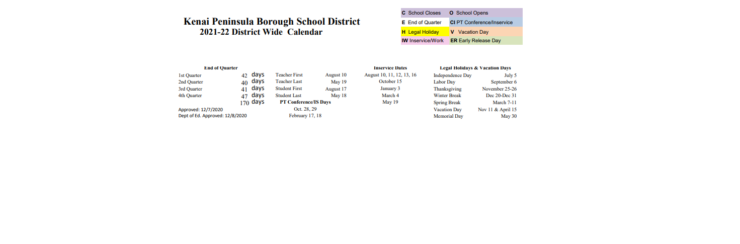 District School Academic Calendar Key for Aurora Borealis Charter School