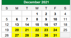 District School Academic Calendar for James A Arthur Intermediate School for December 2021