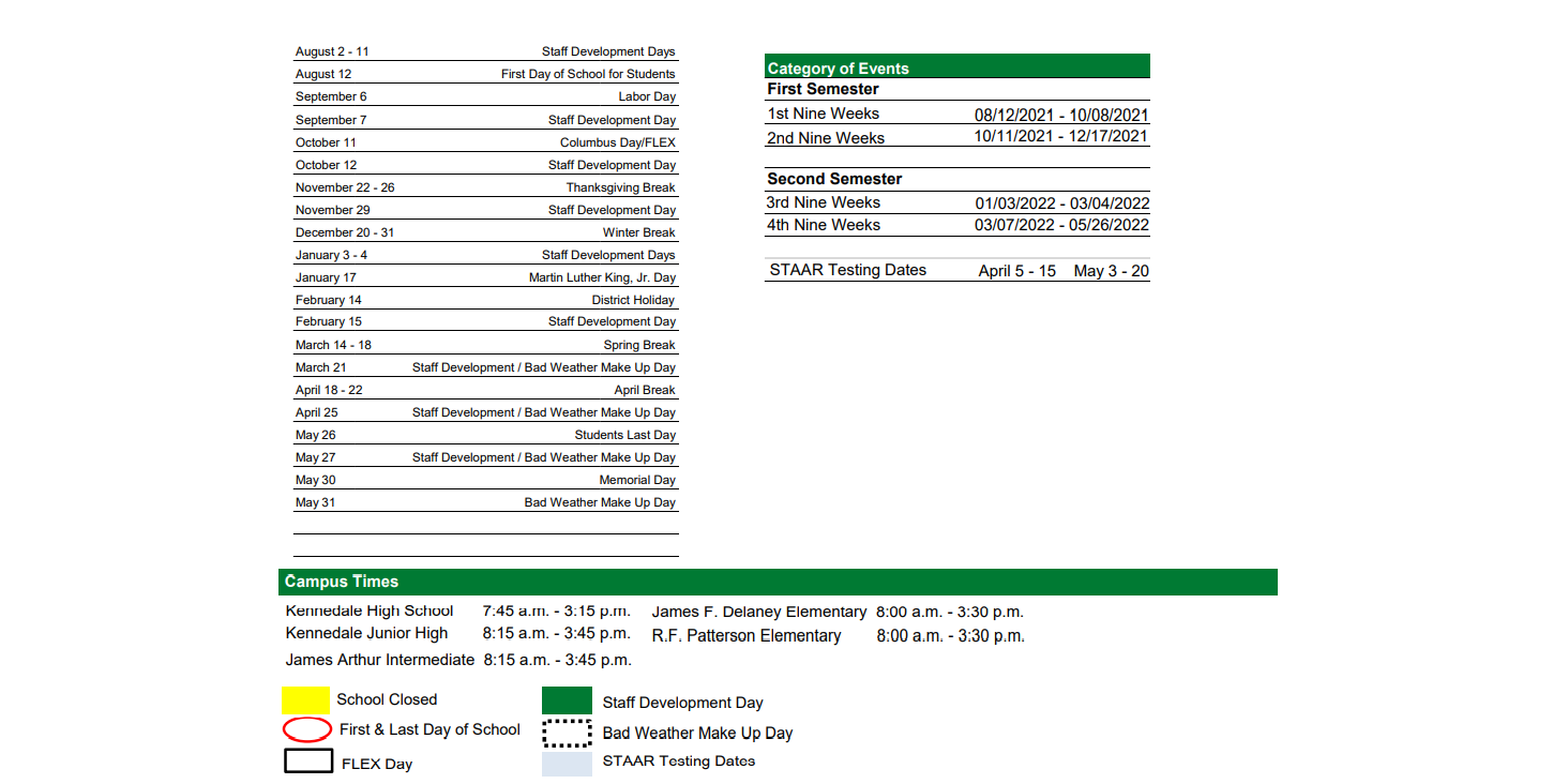 District School Academic Calendar Key for Kennedale J H