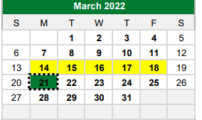 District School Academic Calendar for James A Arthur Intermediate School for March 2022