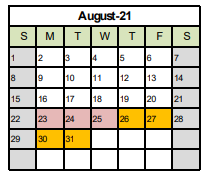 District School Academic Calendar for Hillcrest School for August 2021