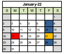 District School Academic Calendar for Pleasant Prairie Elementary for January 2022