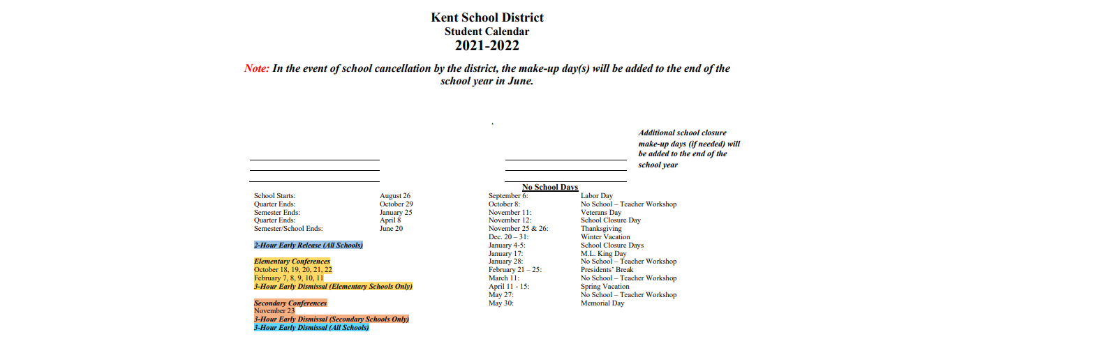 District School Academic Calendar Key for Cedar Valley Elementary School