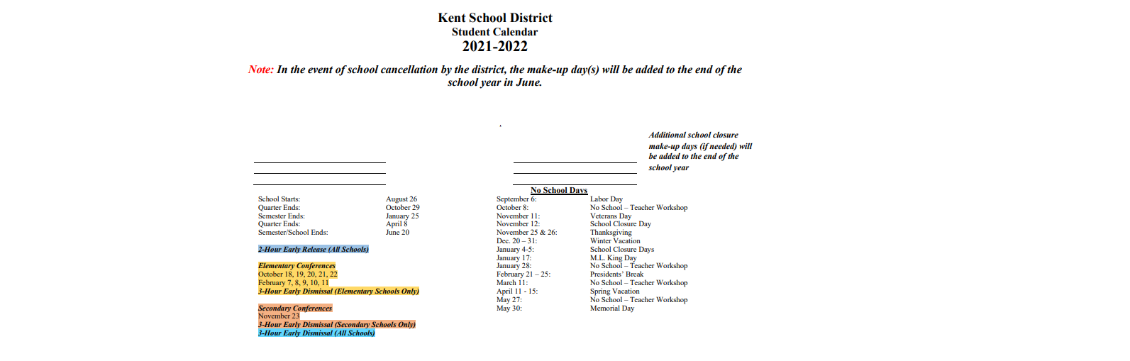 District School Academic Calendar Key for Grass Lake Elementary School