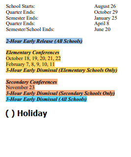 District School Academic Calendar Legend for Grass Lake Elementary School