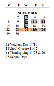 District School Academic Calendar for Sequoia Middle School for November 2021