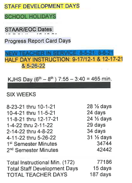 District School Academic Calendar Legend for Kermit Junior High