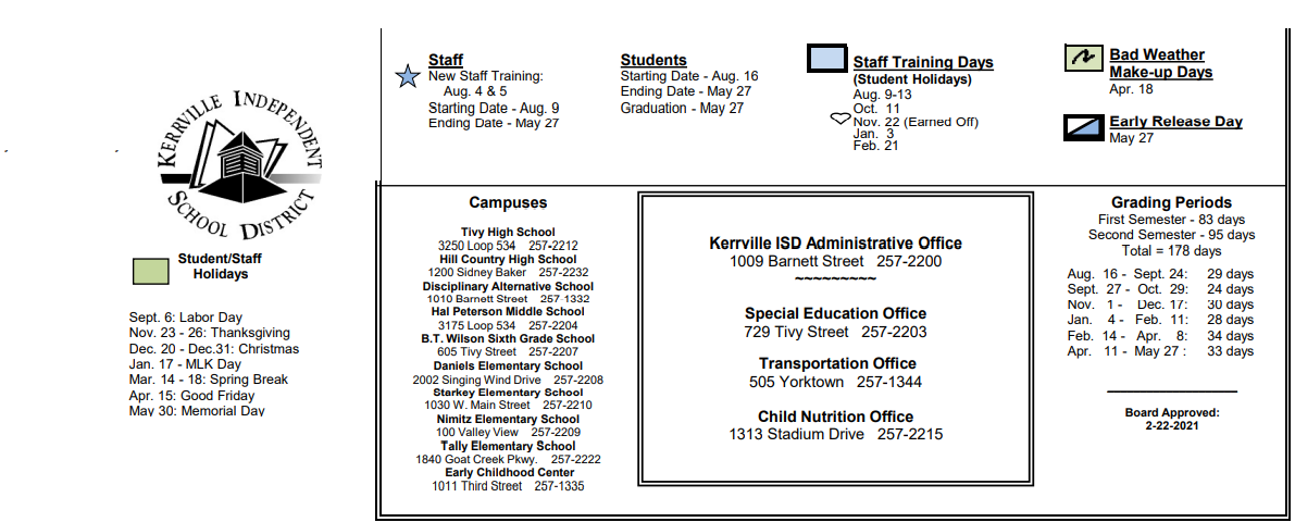 District School Academic Calendar Key for K C J D C