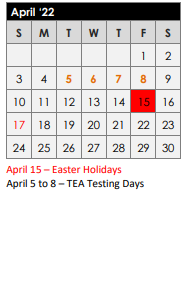 District School Academic Calendar for Elder Coop Alter School for April 2022