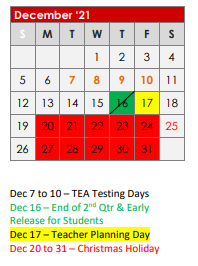 District School Academic Calendar for Elder Coop Alter School for December 2021