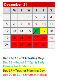 District School Academic Calendar for Kilgore Int for December 2021