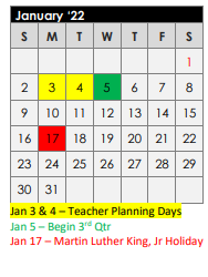 District School Academic Calendar for Chandler Elementary for January 2022