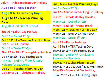 District School Academic Calendar Legend for Kilgore H S