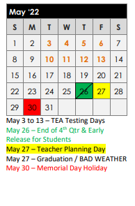 District School Academic Calendar for Elder Coop Alter School for May 2022
