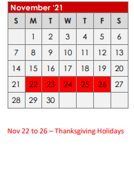 District School Academic Calendar for Kilgore H S for November 2021