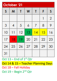District School Academic Calendar for Elder Coop Alter School for October 2021