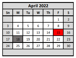 District School Academic Calendar for Killeen J J A E P for April 2022