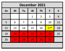 District School Academic Calendar for West Ward Elementary for December 2021