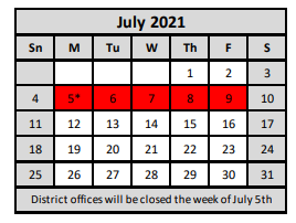 District School Academic Calendar for East Ward Elementary for July 2021